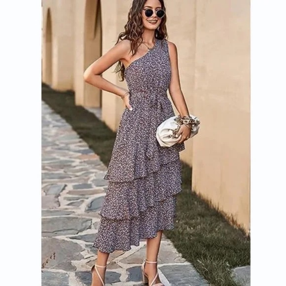 PRETTYGARDEN Floral Summer Dress Casual One Shoulder Tiered Ruffle S